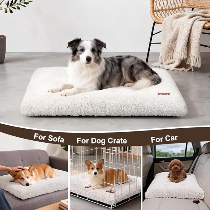 Dog Bed Crate Pad - Rosette Pattern White Velvet Pet Bed Anti-Slip Comfy Kennel Pad for Crates Rosette White M