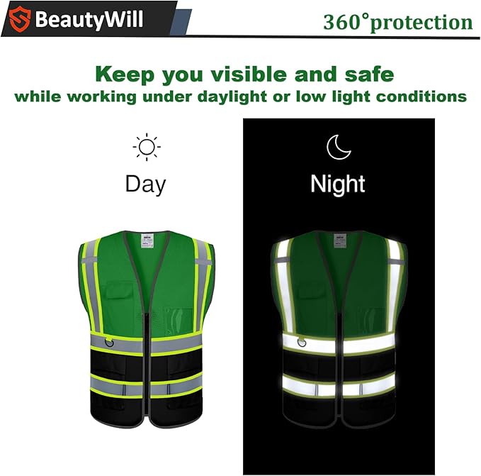 5 Pack Custom Safety Vest Customized Logo Mesh Vest Class 2 High Visibility Reflective Vest with Pockets Workwear（Green Black，L ）
