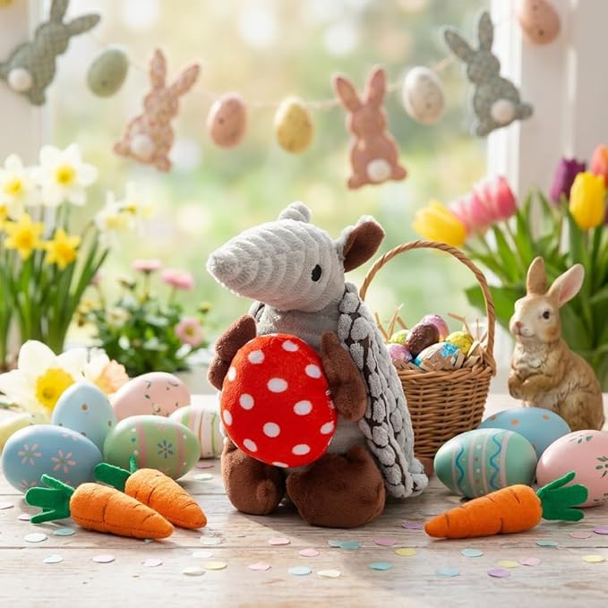 Hollypet Plush Dog Squeaky Toy Stuffed Armadillo Animal Pet Puppy Chew Toys with Clean Teeth for Small Medium Large All Breed Sizes Dogs, Gray, 8 in, Red Easter Eggs with WhiteDots