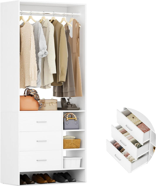 Aheaplus 2.5FT Closet System with 3 Drawers,29.5’’ Closet Organizer, White