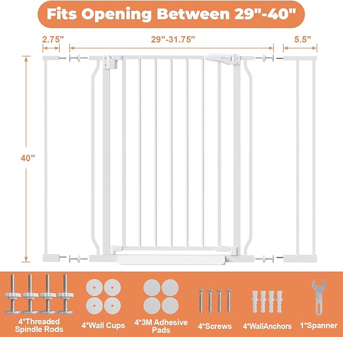 40" Extra Tall Baby Gate for Stairs, Auto Close Stroller Friendly Dog Gate Indoor for Doorways, Pressure Mounted 29"-40" Wide Baby Gate, Easy Walk Through Gate for Children & Pets, White