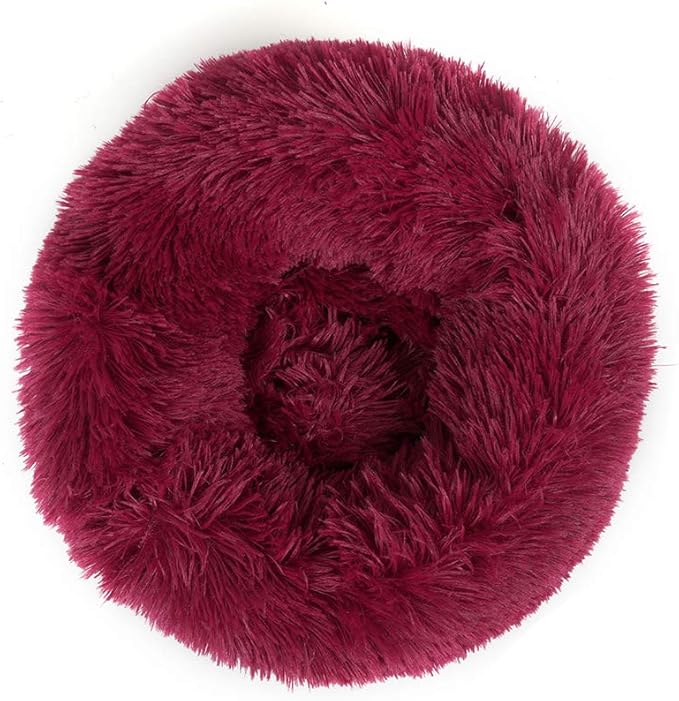 otoez Kitten Puppy Bed Small Round Dog Cat Beds Anti Anxiety Plush Pet Calming Donut Bed with Non-Slip Waterproof Bottom, Washable (19.7", Dark Red)