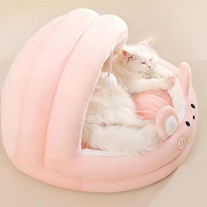 Cat Bed for Indoor Cats, Dog Bed with Anti-Slip Bottom, Rabbit-Shaped Cat/Small Dog Cave with Hanging Toy, Puppy Beds with Removable Cotton Pad, Super Soft Calming Pet Sofa Bed (Pink, Large)