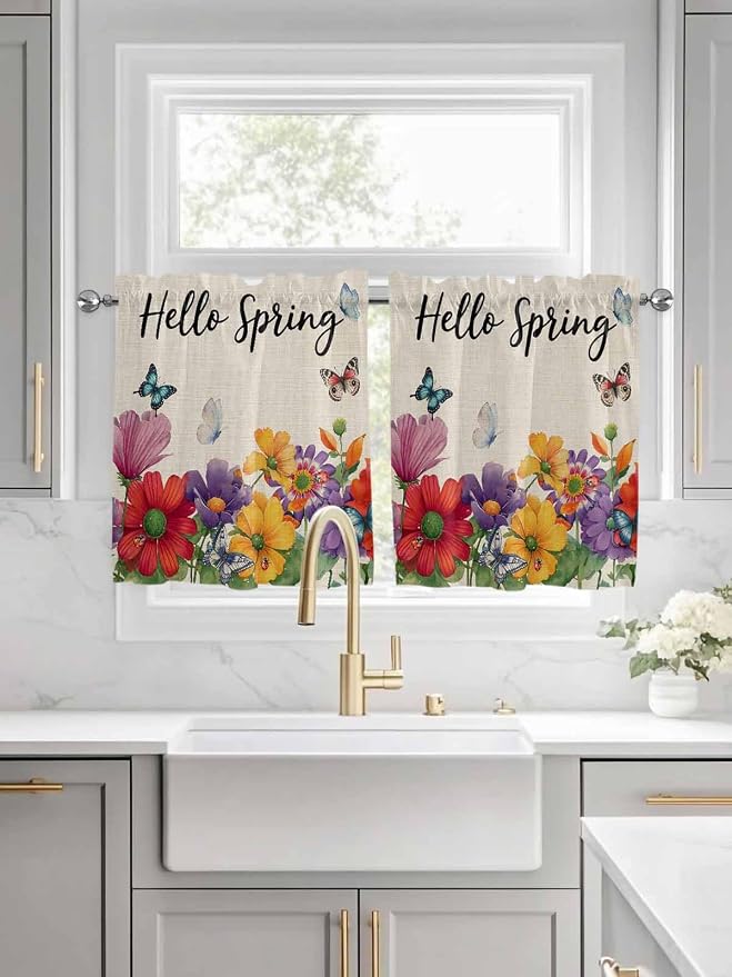 Spring Flowers Half Window Curtains 24 Inches Long, Farmhouse Vintage Country