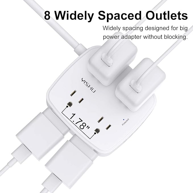 Surge Protector Power Strip - YISHU 8 Widely Outlets with 2 USB-C(PD 30W) and 2 USB-A Ports, 3 Side Outlet Extender with 6Ft Flat Plug Extension Cord, Wall Mount, Desk USB Charging Station, ETL,White