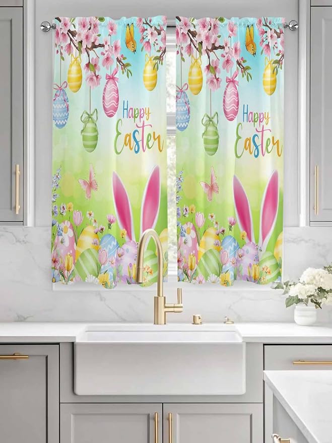 Easter Bedroom Curtains 63 Inches length, Spring Bunny Colorful Rabbit Eggs