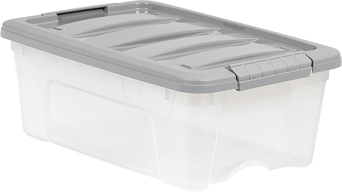 Amazon Basics Plastic Storage Containers with Secure Latching Lids, Stackable Organization Bins, Clear/Grey, 12 Quart, Set of 6
