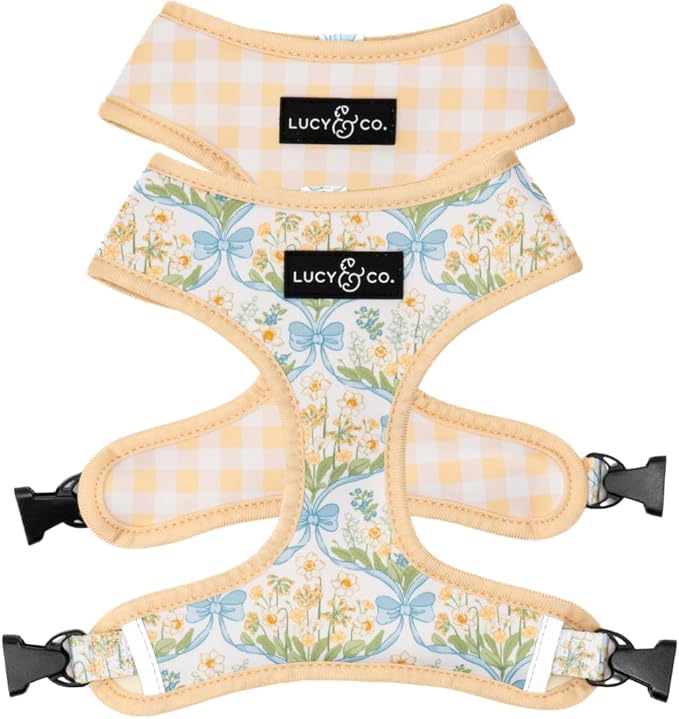 Lucy & Co. Sunshine and Daffodils Reversible Dog Harness, Adjustable Comfort Fit with Dual Leash Attachments, Small