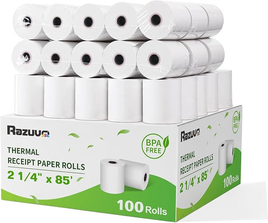 (100 Rolls) 2 1/4 x 85 Thermal Receipt Paper, White BPA-Free, Compatible with POS, Credit Card Terminals and Most Register Machines