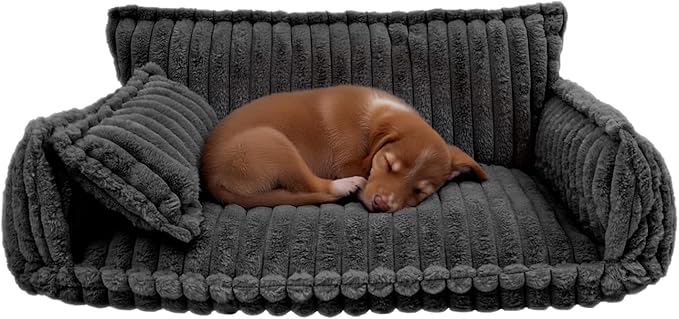 Pet Couch Bed for Dog and Cat, Plush Calming Couch for Pets with Removable Washable Cover, Modern Sofa Style Pet Bed for Home Living Room (Dark Gray)