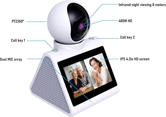 Two Way Video Calling Camera with 4.3 inch HD Screen & AI Voice Function, 2MP 1080P Baby Elder Nanny Dog Pet Camera, One Click Video Calling Devices for Grandparents