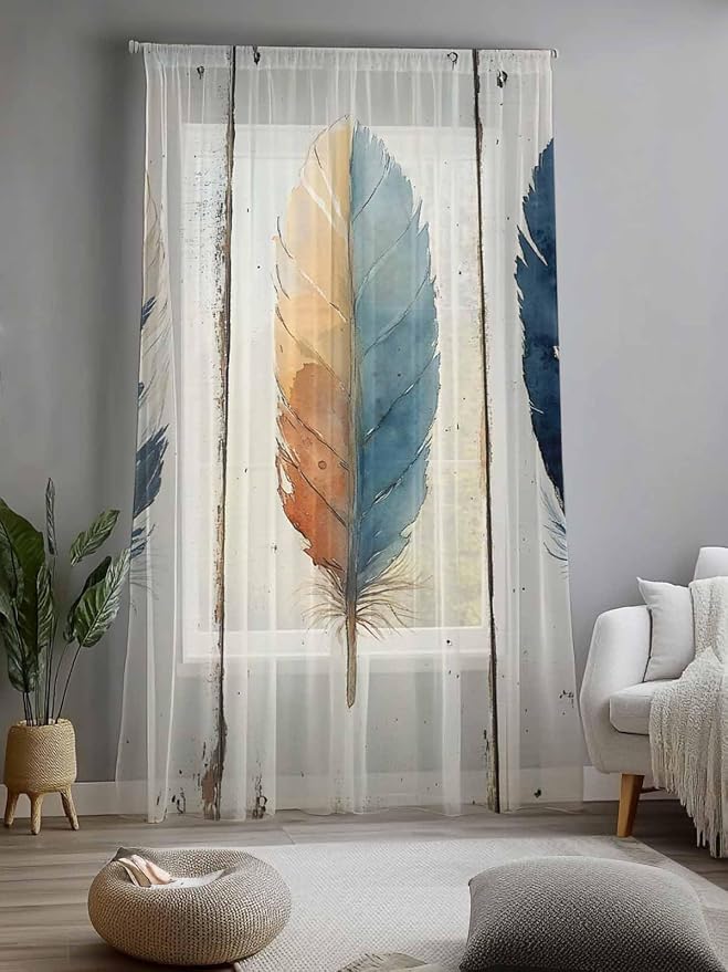 Sheer Curtains 108 Inches Long, Boho Ombre Vintage Wooden Grain Privacy Voile