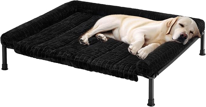 Veehoo Elevated Dog Bed Large Sized with Fluffy Plush Bolster Cushion, Washable Orthopedic Dog Couch Bed, Cooling Raised Pet Cot with Removable Mat, Breathable Mesh, No-Slip Feet, 42x 30 inches, Black