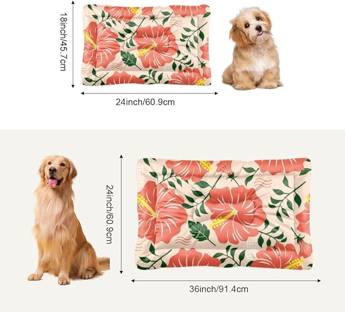 Coral Hibiscus Doggie Beds for Medium Dogs Washable Mat for Dogs Washable Kennel Pad Dog Crate Beds Non-Slip Dog Bed Crate Bed Car Mats Cages Pet Furniture Indoor Outdoor 36X24 Inch