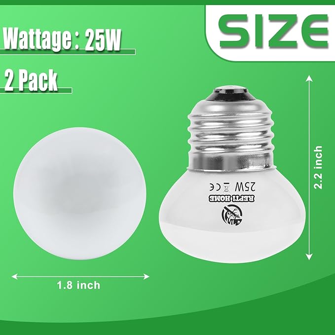Reptile Heat Lamp Bulbs, UVA Reptile Heat Bulb 2 Pack, 25 Watt Heat Light Bulbs, Daylight Basking Spot Light for Lizard, Bearded Dragon, Snake, Gecko