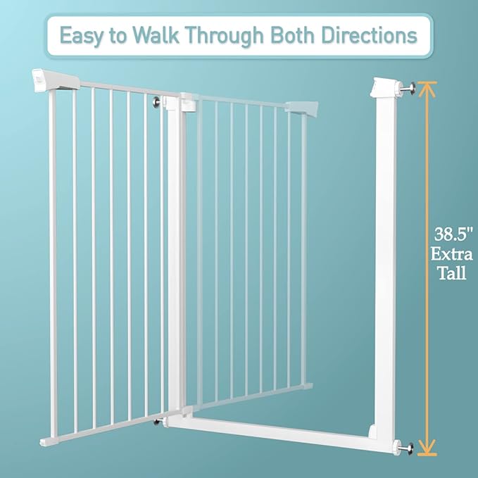 Fairy Baby Narrow Baby Gate 26.8 Inch to 29.5 Inch Wide, 38" Extra Tall Metal Safety Child Gate Auto Close Walk Through Pet Gates Pressure Mounted or Small Stairs and Doorways Indoor No Drill, White