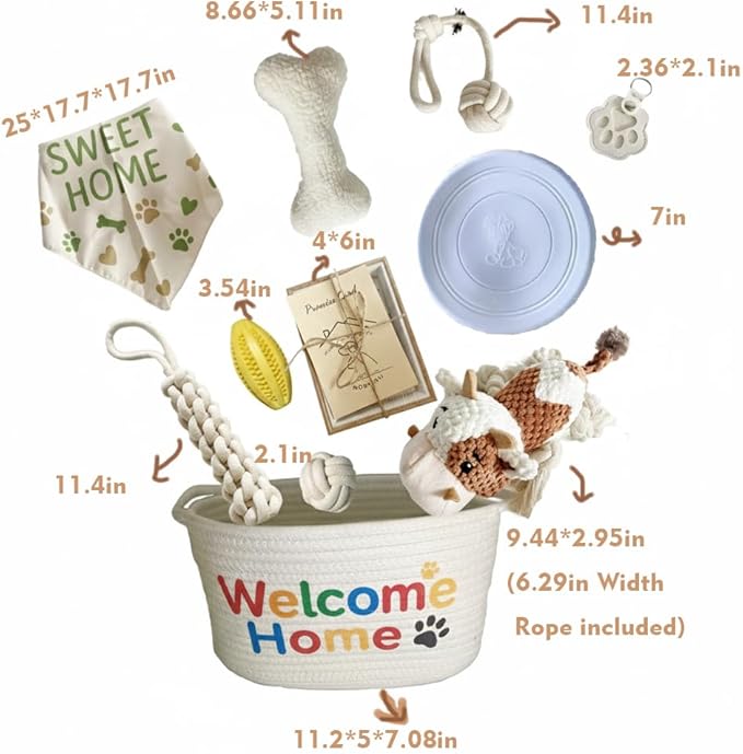 Welcome Home Dog Gift Basket - New Puppy Keepsake Box with Promise Card, Woven Storage, Bandana & Toys - The Perfect Dog Adoption Gift, A Thoughtful Gift for New Pet Owners