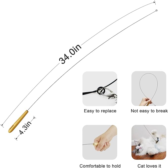 TTcat Interactive Bird & Insect Simulation Cat Toy Set 10 Pcs Feather Refills & 2 Pcs Cat Wand Toy, 29'' Flexible Steel Wire, Sturdy Wood Handle & Bell, for Indoor Kittens.