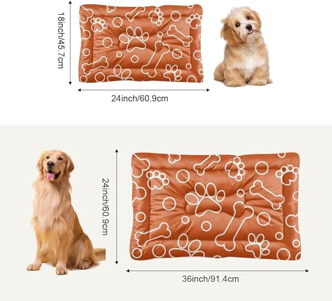 Orange Paw Print Bone Fuzzy Dog Bed Pet Bed Mats Pet Padssoft Dog Crate Beds for Small Dogs Crate Washable Non-Slip Doggie Beds Outdoor Mat Dogs Tapete para Perros Indoor Outdoor 24X18 Inch