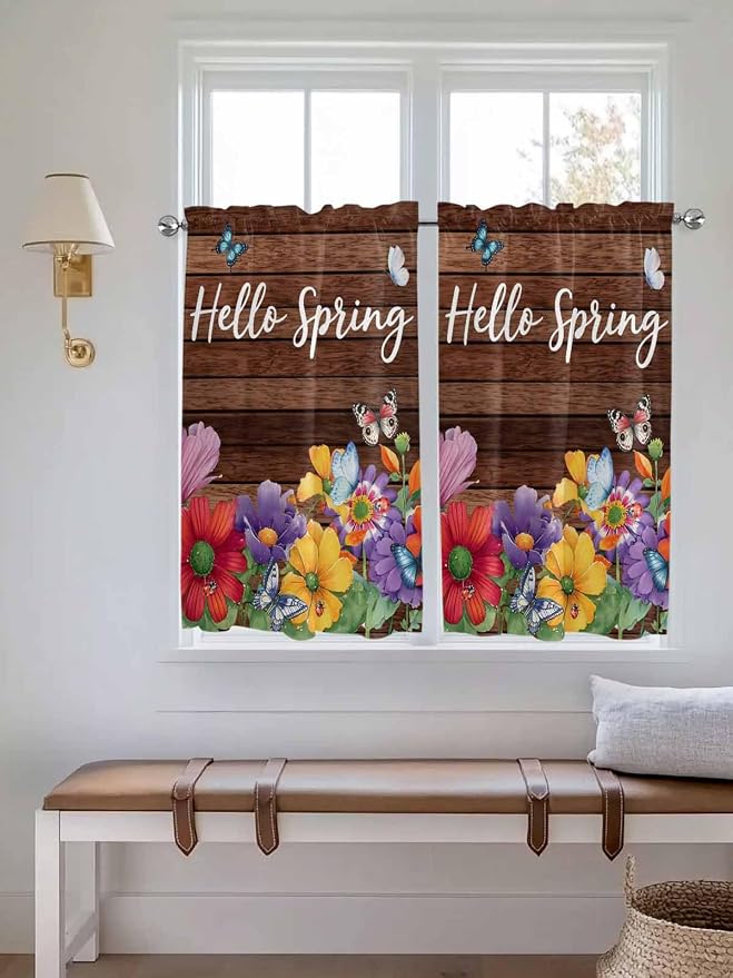 Spring Flowers Tier Curtains 45 Inches Long, Watercolor Farmhouse Colorful