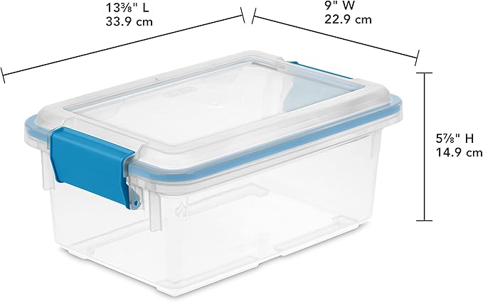 Sterilite 7.5 Qt Gasket Box, Stackable Storage Bin with Latching Lid and Tight Seal, Plastic Container to Organize Basement, Clear Base, Lid, 6-Pack