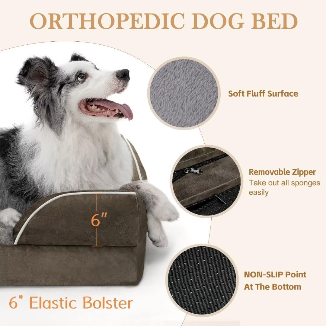 Comfort Expression XXL Dog Beds Memory Foam, Orthopedic Dog Beds for Extra Large Dogs, Waterproof Dogs Bed, Washable Pet Sofa Couch with Bolster & Removable Cover(XX-Large,Olive Green)