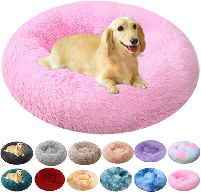 Dog Bed & Cat Bed for Small Medium Dogs, 27 Inch Calming Dogs Bed Anti-Anxiety Machine Washable Fluffy Luxury Anti-Slip Waterproof Pet Puppy Round Bed (Bright Pink)