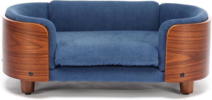 Scandinavian Style Elevated Dog Bed with Solid Wood Frame, Orthopedic Pet Sofa with Removable Washable Cover, Small Size Pet Furniture (Dark Blue + Brown)