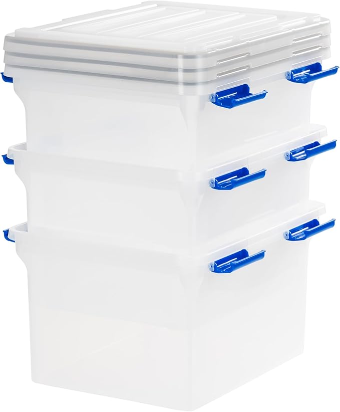 IRIS USA File Box, WeatherPro File Organizer for Letter/Legal File, Water Resistant Document Box, Plastic Gasket File Box With Tight Latch and Seal, Stackable Nestable, Clear/Blue 32 Qt. 3 Pack