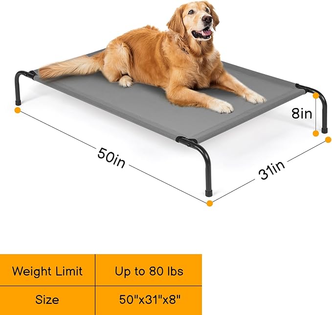 Cooling Elevated Dog Bed Raised Outdoor Dog Cot for Large Dogs,Cooling Pet Cots Bed, Frame with Washable Cooling Breathable Mesh Anti-Slip Feet, Indoor and Outdoor Pet Bed, 50 Inches Light Gray
