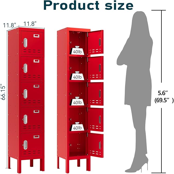 Metal Lockers - 66" Height Steel Lockers for Employees with 5 Door Storage Locker with Card Slot for Employees Gym School Home Office Garage - Assembly Required