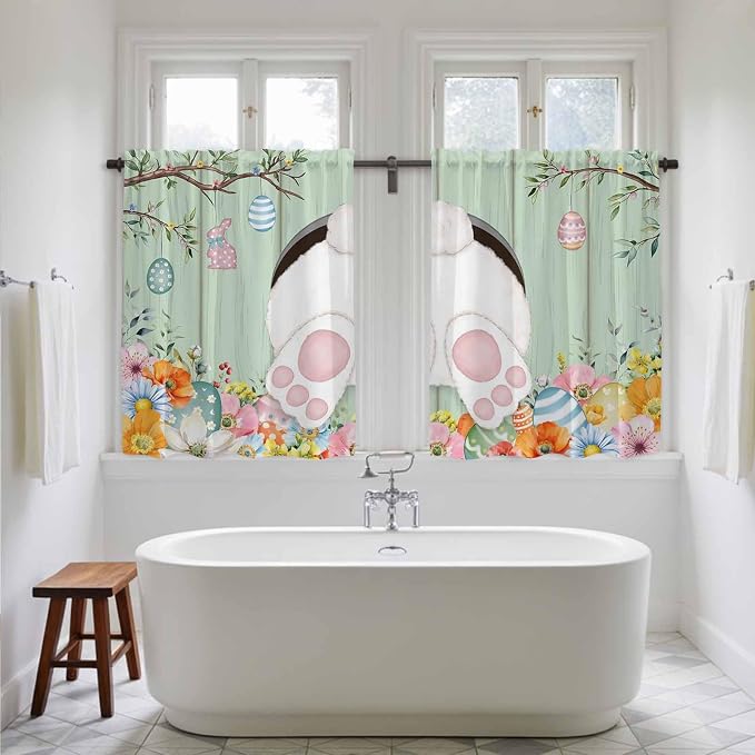 Easter Kitchen Tier Curtains 45 Inch Long 2 Panel Set, Rod Pocket Short Window