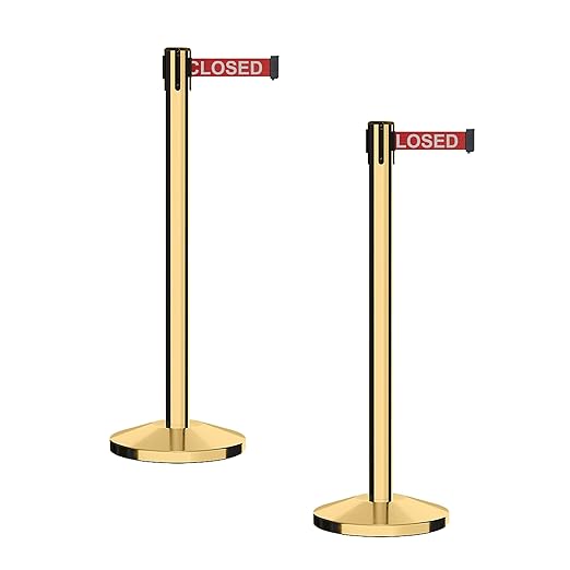 CCW Series RBB-100 - Set of 2 Stanchion Retractable Belt Barriers (9 Foot Belt, Red with"This LINE is Closed" White Letters Belt with Polished Brass Post)