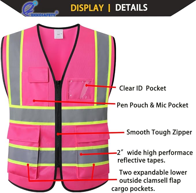 Construction Vest Pink,5 Pockets Reflective Safety Vest for Men Women High Visibility Work Vest with Zipper Front,Meets ANSI/ISEA Standards(EK175-Pink-L)