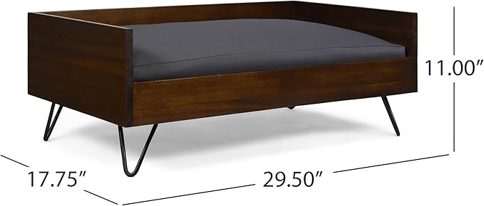 Christopher Knight Home Mid-Century Modern Pet Bed, Brown Acacia Wood Frame with Gray Cushion, Hairpin Legs, 29.5x17.75x11 Inches