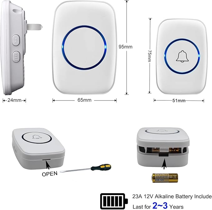 Wireless Doorbells, 1PlusOne White Waterproof Door Chime Kits Includes Push