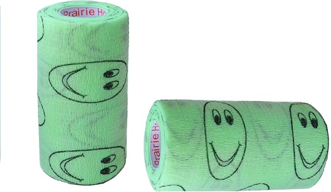 Vet Wrap Wrap Tape (Green with Smiles Pattern) (2 Pack) (3 Inch x 15 feet) Self Adhesive Adherent Adhering Cohesive Flex Self Stick Bandage Grip Roll Dog Cat Pet Horse