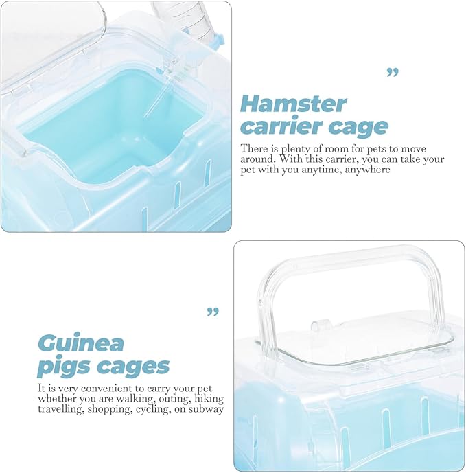 POPETPOP Portable Hamster Cage : Plastic Hamster Carrier with Water Bottle - Breathable Small Animal Carrier Cage for Gerbil Hedgehog, 8.84X6.68X6.48in (Blue)