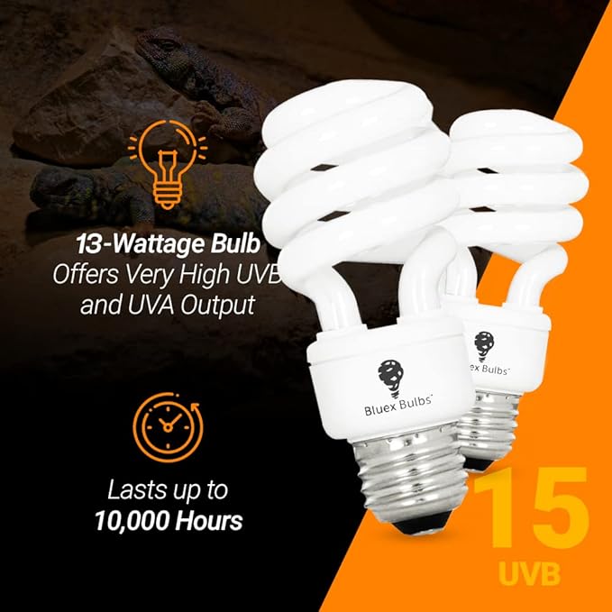 Bluex Bulbs 2 Pack 13-Watt Reptile Light - Intense UVA/UVB, 15.0 UVB, Compact Florescent, Suitable for Desert Reptiles & Amphibians, Promotes Natural Behavior, CFL Bulb (UVB 15.0)