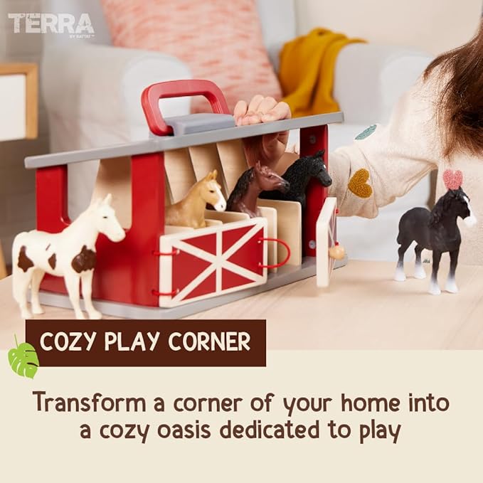 Terra by Battat – Wooden Farm Playset with 6 Toy Horses & Detailed Barn, Portable Equestrian Stable for Imaginative Play, Durable Farm Animal Figurines & Carry Handle, Playset for Toddlers 3+ Years