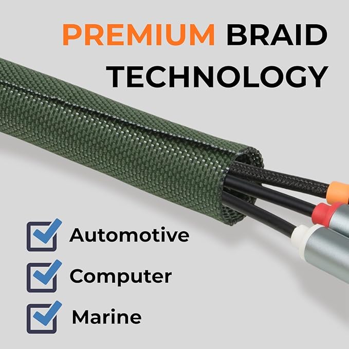 3/8 inch Split Braided Cable Management Sleeve for USB Cable Power Cord Audio Video Cable, Wire Loom Cord Protector from Cat Dog Chewing (Dark Green, 10FT)