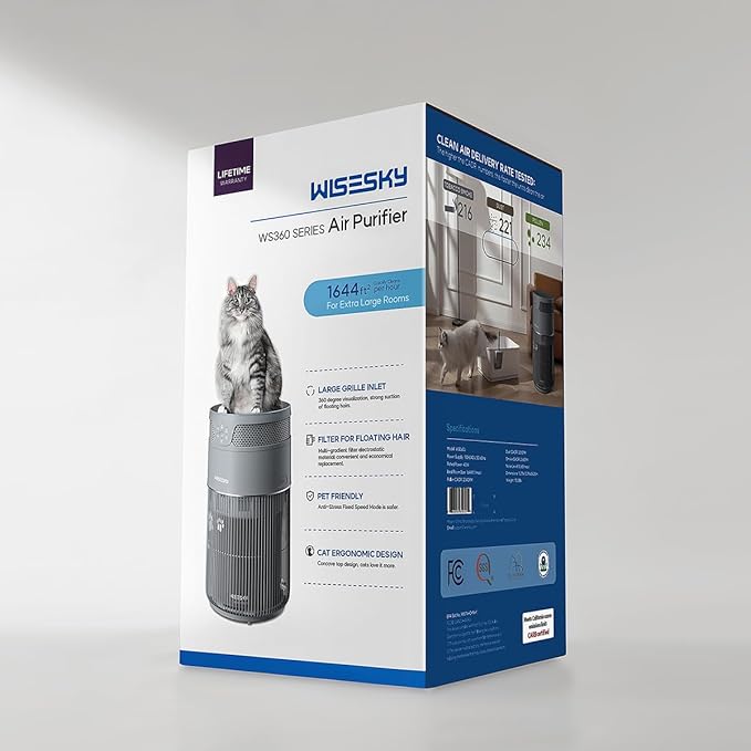 WiseSky Pet Air Purifier for Cat Owners, High-Efficiency Air Purifier for Cat Hair Dander Smoke Litter Odor in Large 1644 Sq Ft Room, 360° HEPA Filtration, Smart App, Quiet Pet-Friendly Design, Grey