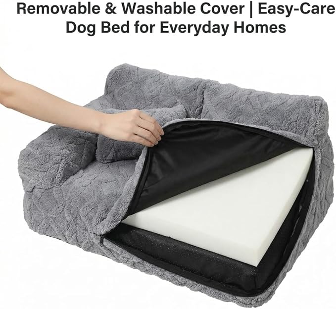 Plush Calming Pet Sofa Bed, Raised Rim, Removable Cover & Non-Slip Bottom for Cats & Dogs, Calming Dog Bed Fluffy Plush Dog Mat for Furniture Protector with Removable Washable Cover (Beige, Large)