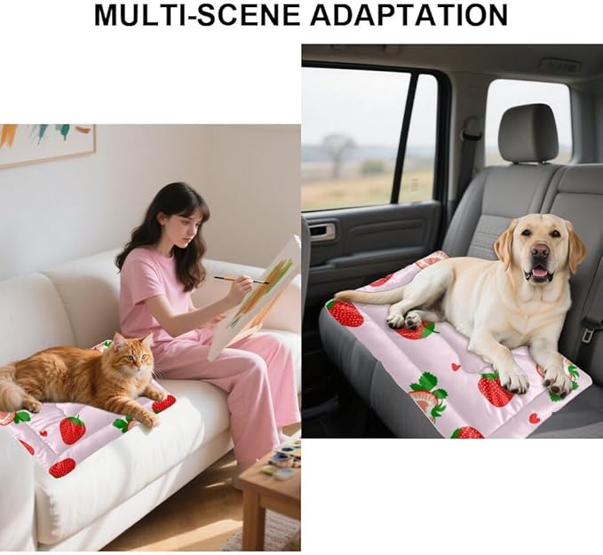 Cute Strawberry Fruit Pink Rectangle Dog Bed Dog Sleeping Mat Puppy Pad Bedding for Crate Washable Non-Slip Crate Bed Doggy Mat for Car Backseat Tapete para Perros Indoor Outdoor 24X18 Inch