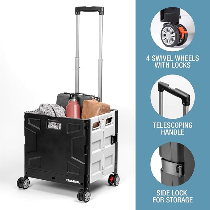 CleverMade Collapsible Wheeled Crate with Lid, 4-Wheels - Swivel and Glide Rolling Crate with Handle and Double Wheels for Easy Transport and Versatile Use - 55L and 100lb Capacity, Cool Gray