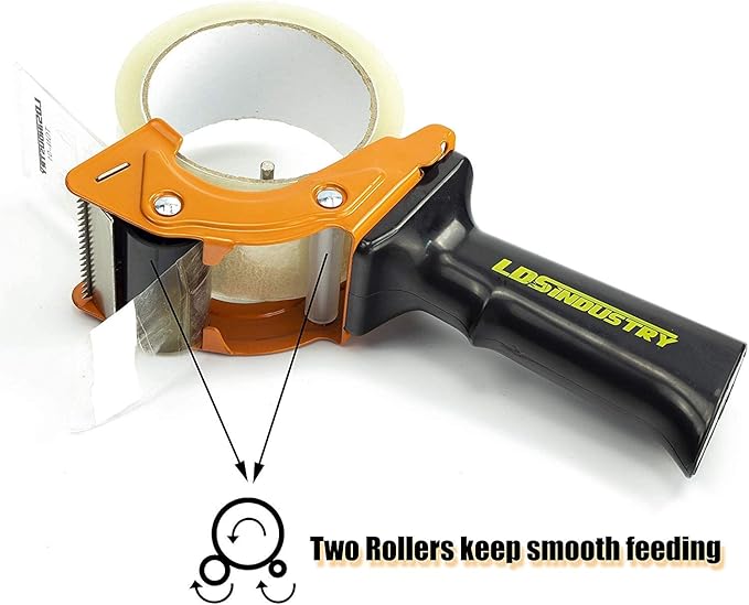 Rapid-Replace Packing Tape Dispenser Gun with Extra Blade by LDS Industry, 2 in (50mm) Lightweight Ergonomic Industrial Handheld Heavy Duty Tape Cutter for Carton, Packaging and Box Sealing, Orange