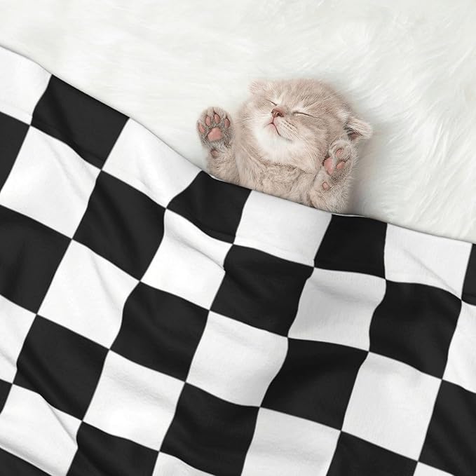 Double Sided Plush Pet Blanket with Cozy Dot Texture and Smooth Reverse, Checkered Race Waving Flag, Reversible Throw for Dogs Cats on Couches Beds Crates