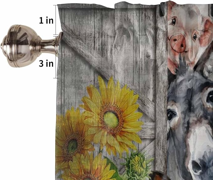 Farmhouse Half Window Curtain 36 Inches Long, Vintage Sunflowers Animals