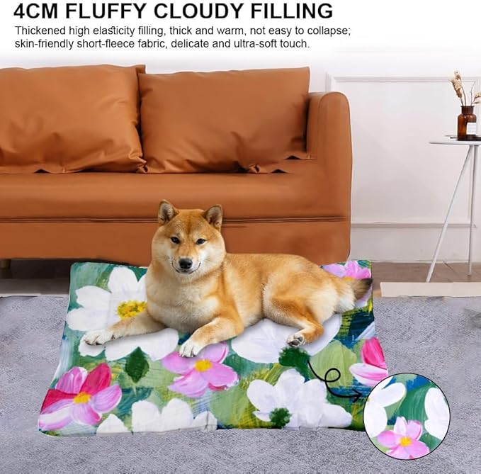 White Pink Floral Dog Beds& Furniture Washable Crate Mat Dog Crate Padding Medium Bed Washable Non-Slip Small Pad House Bed Mat Small Pillow for Indoor Outdoor 24X18 Inch