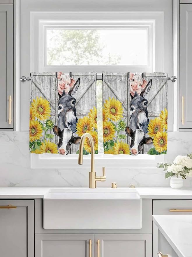 Farmhouse Half Window Curtains 24 Inches Long, Watercolor Sunflowers Animals